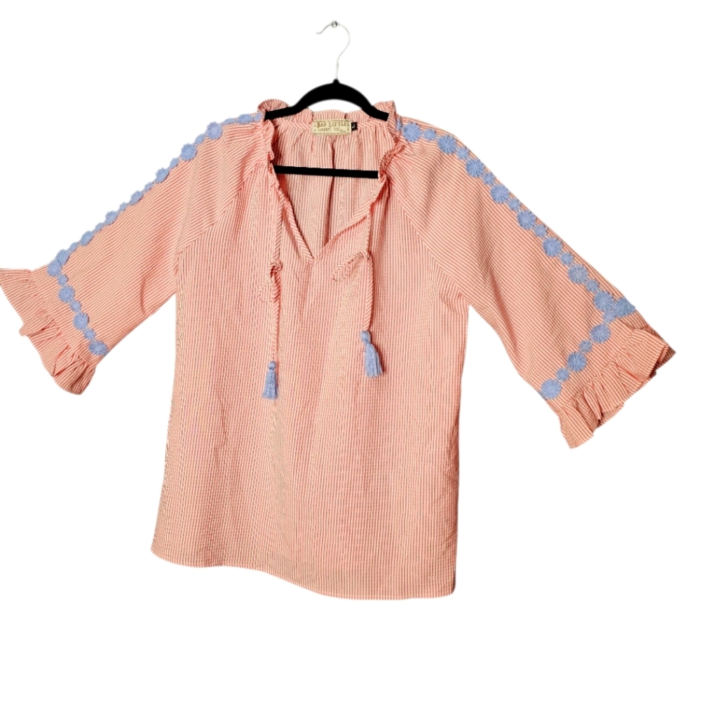 Bad Little Country Girl Tina Picnic Red Daisy Accents Ruffle Cuffs Boho Top L